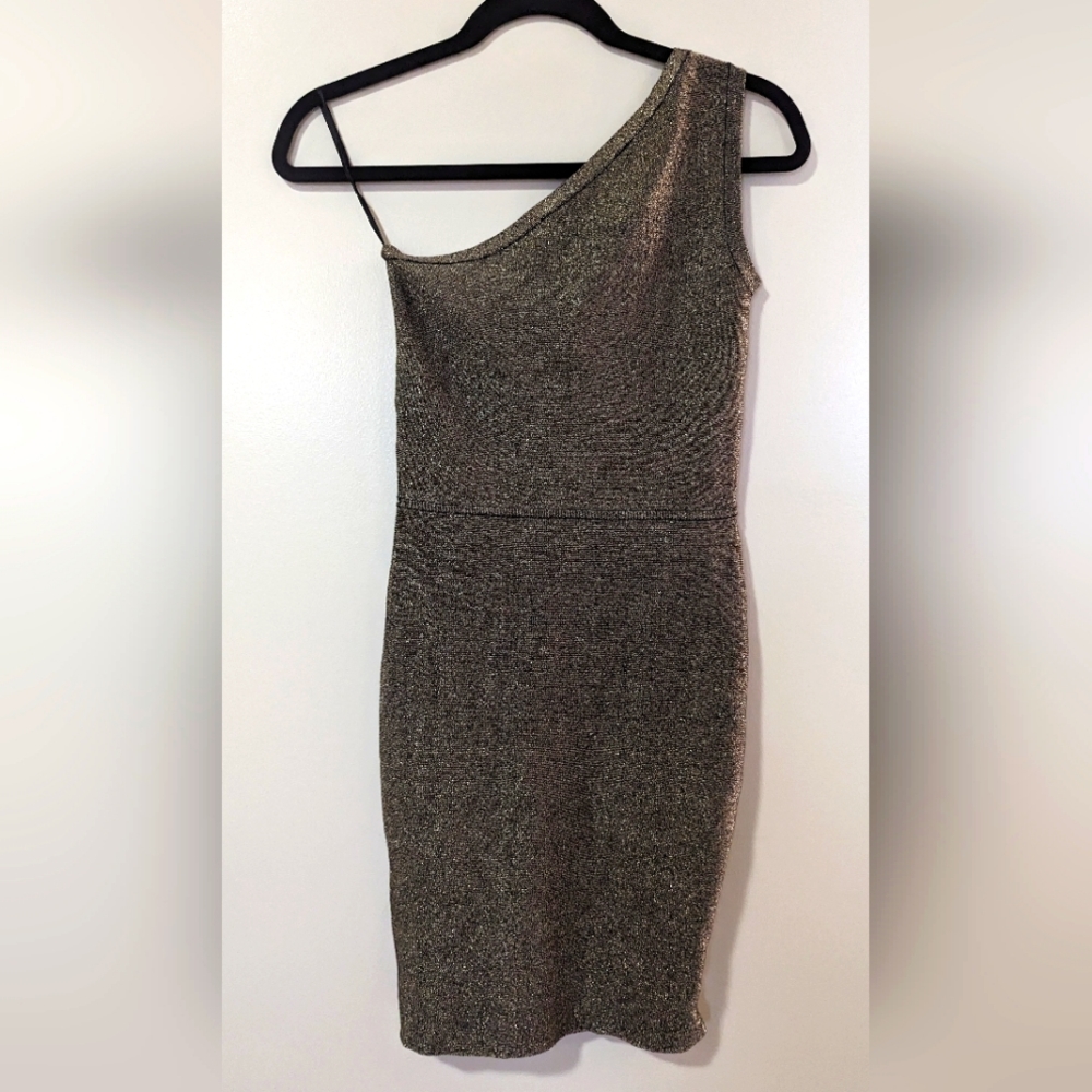 BCBGMaxAzria Black Gold One Shoulder Mini Party Dress